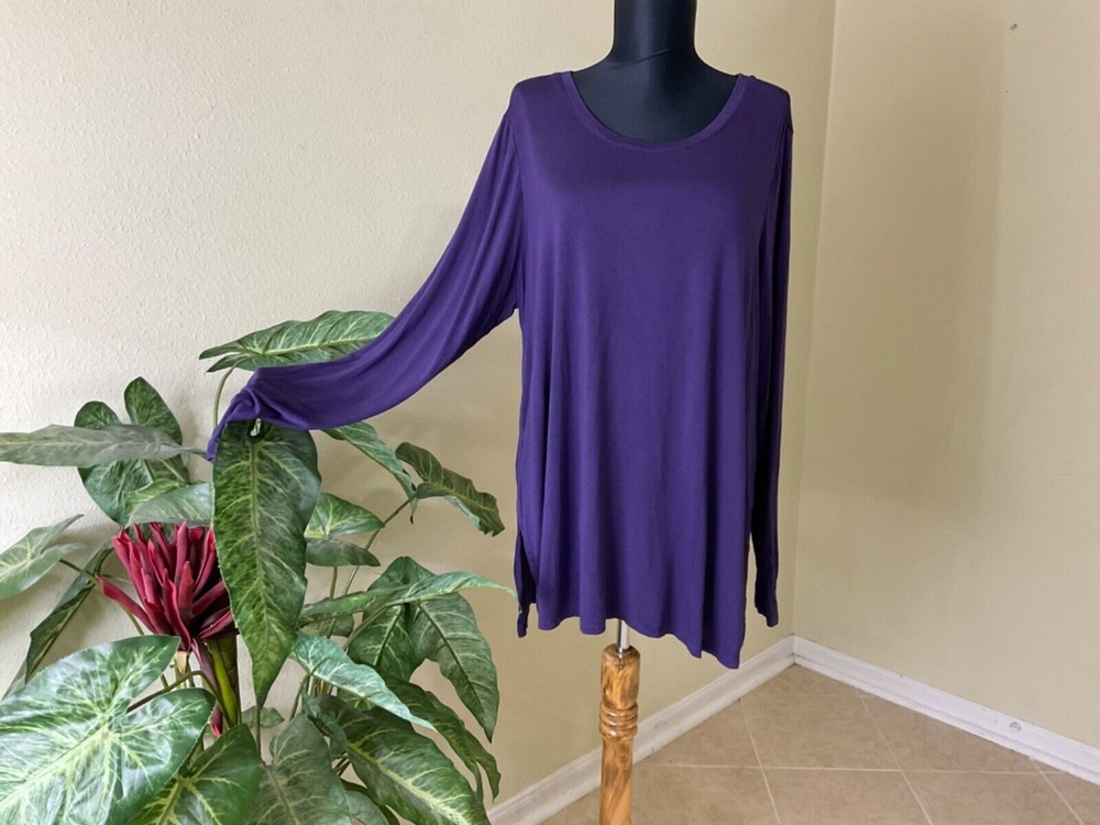 LOGO Lori Goldstein Womens plus size 1X Purple LS Tunic Top stretch Jersey Knit